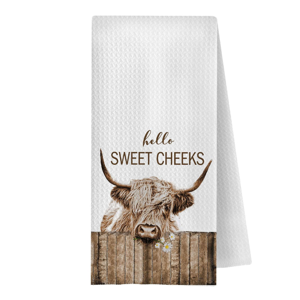 GCFET Highland Cow towel featuring Hello Sweet Cheeks for soft, absorbent hand drying.