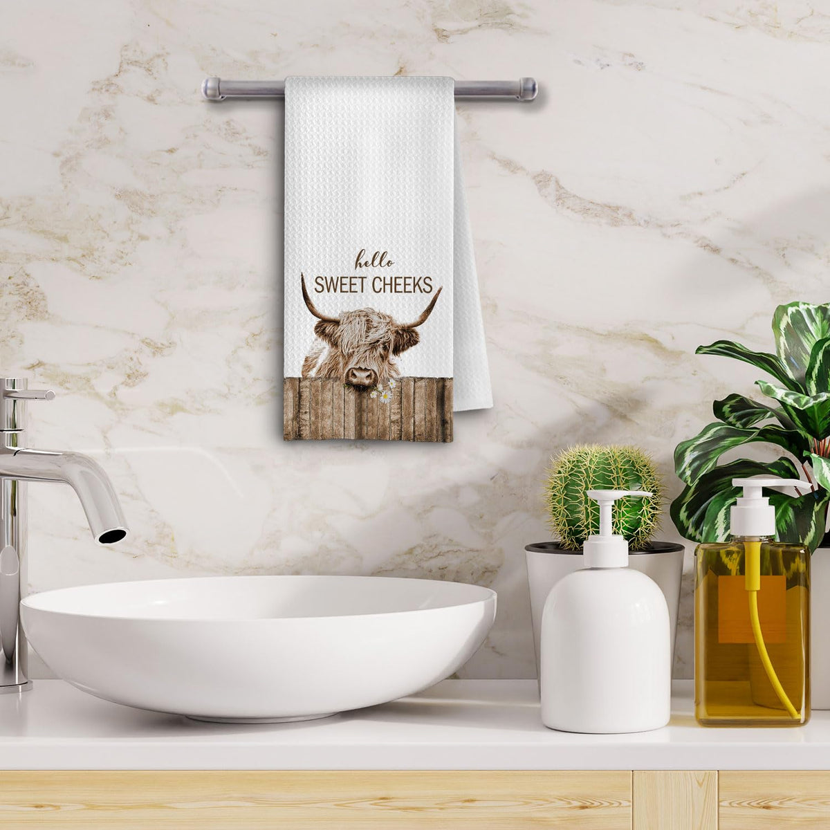 GCFET Western Farmhouse Cow decor towel adds playful charm to kitchen routines.
