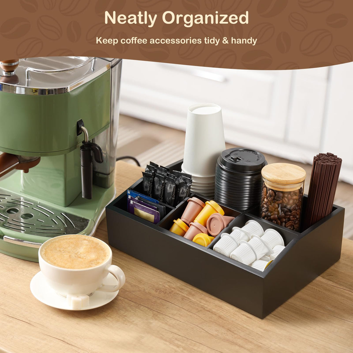GCWSTJK black coffee station organizer side view highlights slim profile for counter spaces