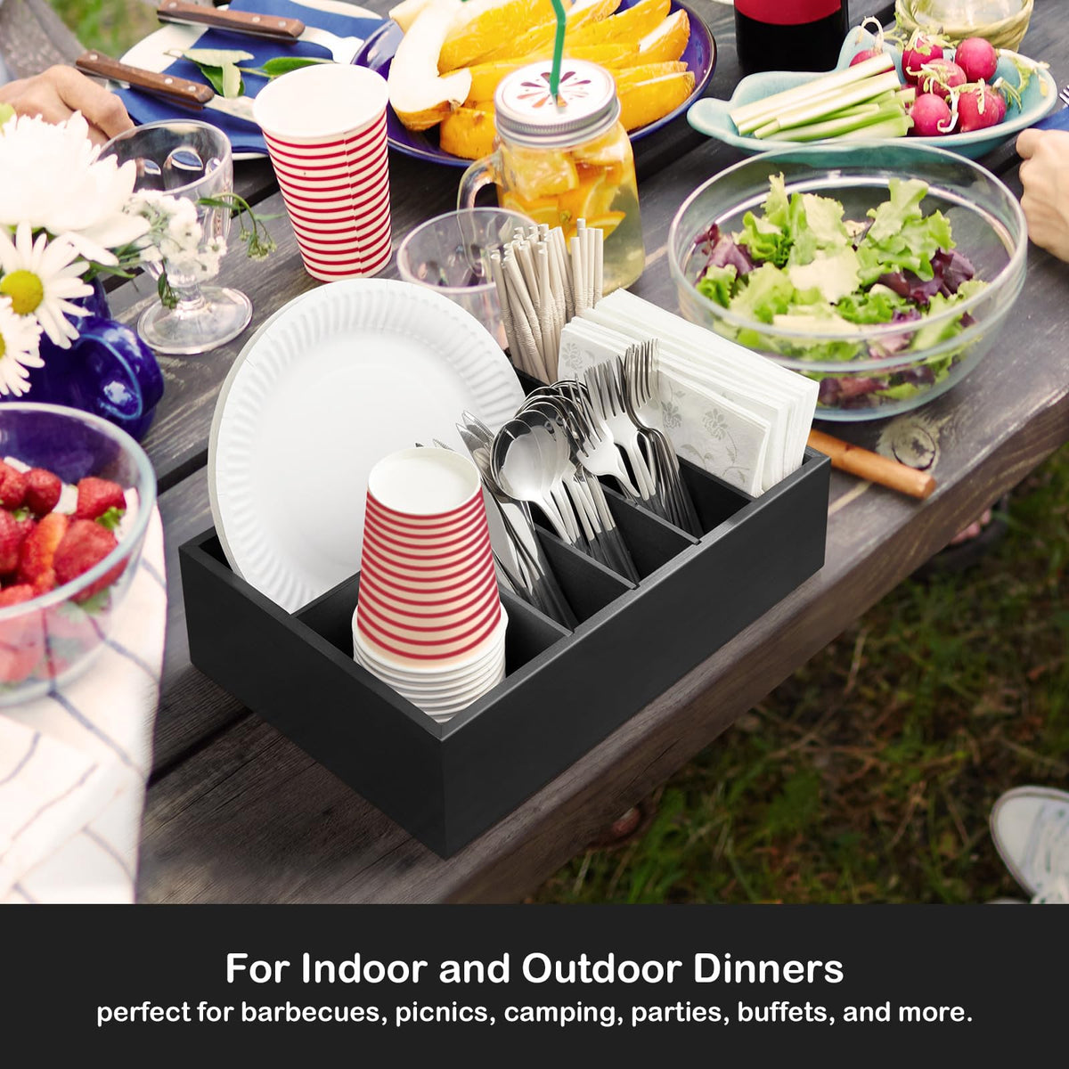 GCWSTJK party-friendly caddy keeps disposable ware ready for indoor or outdoor events.