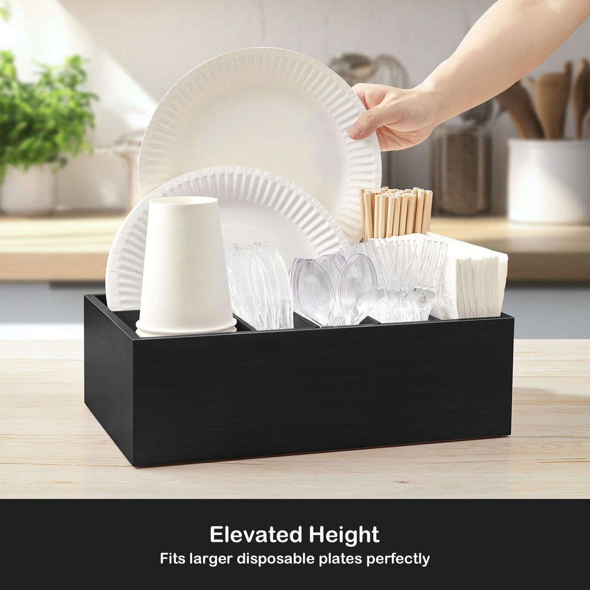 GCWSTJK six-compartment organizer for quick access to cups, cutlery, and napkins.