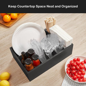GCWSTJK wooden paper plate caddy keeps plates neatly organized on countertops.
