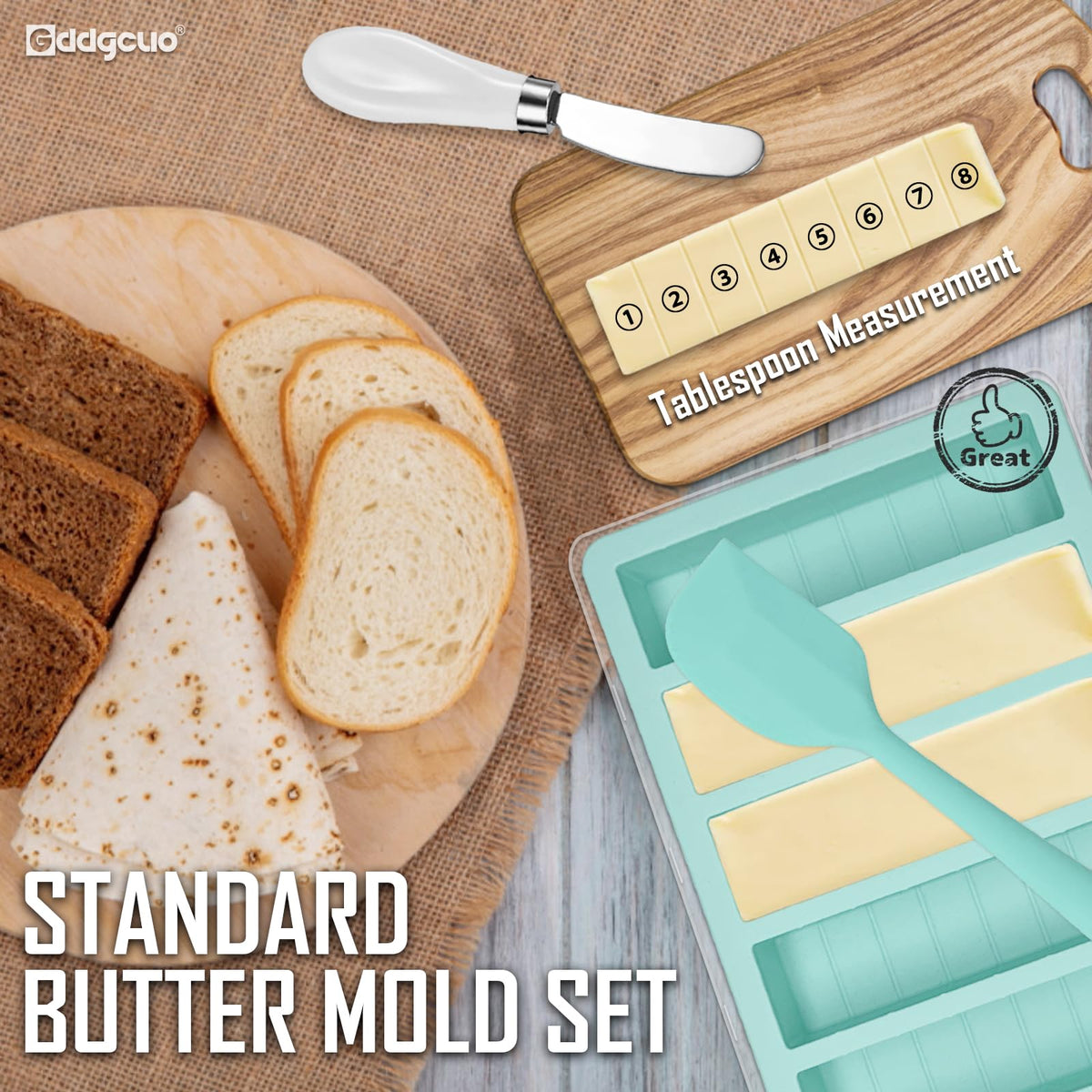GDDGCUO butter mold set shows 5 sticks capacity with clear measurements.