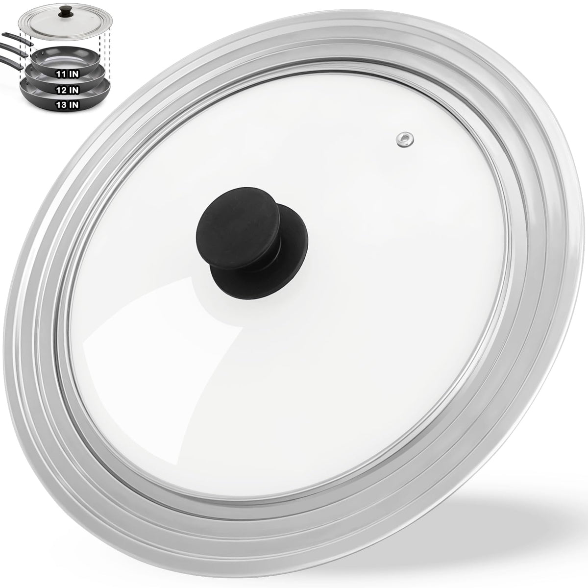 GDDGCUO universal lid on a large 11–13 inch pot showing versatile fit for cookware