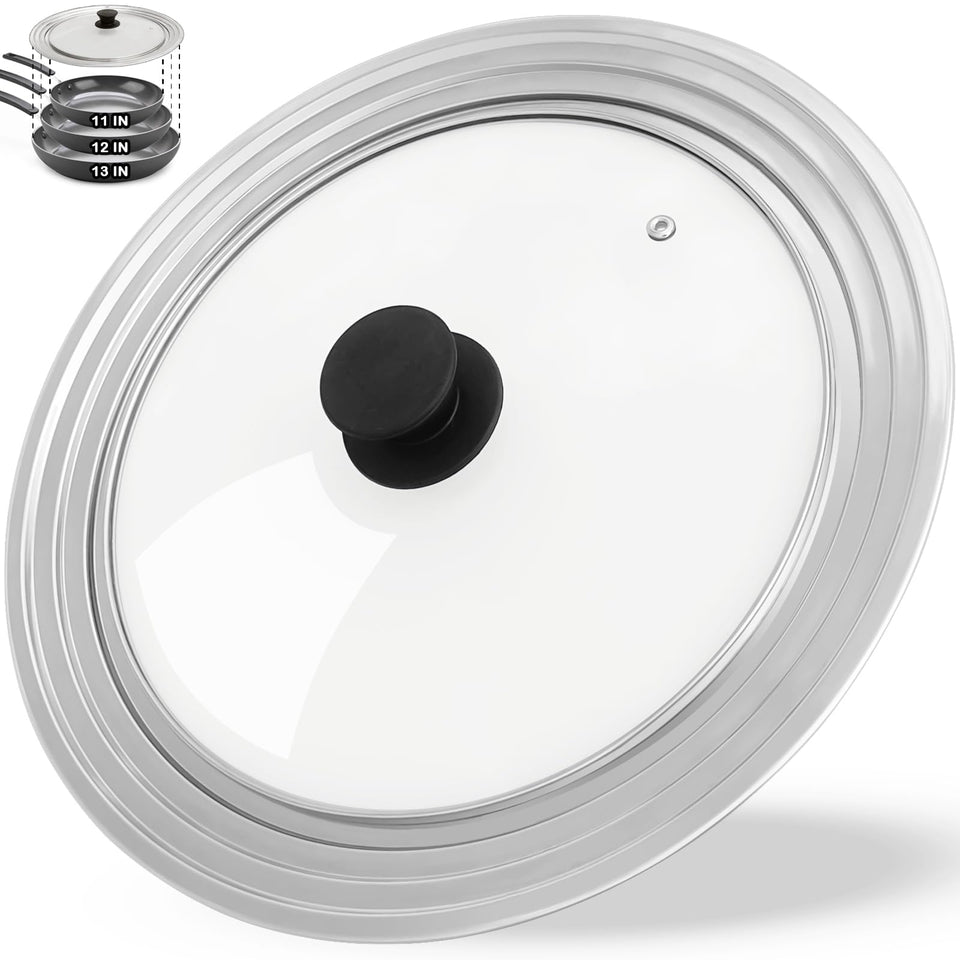 GDDGCUO universal lid on a large 11–13 inch pot showing versatile fit for cookware
