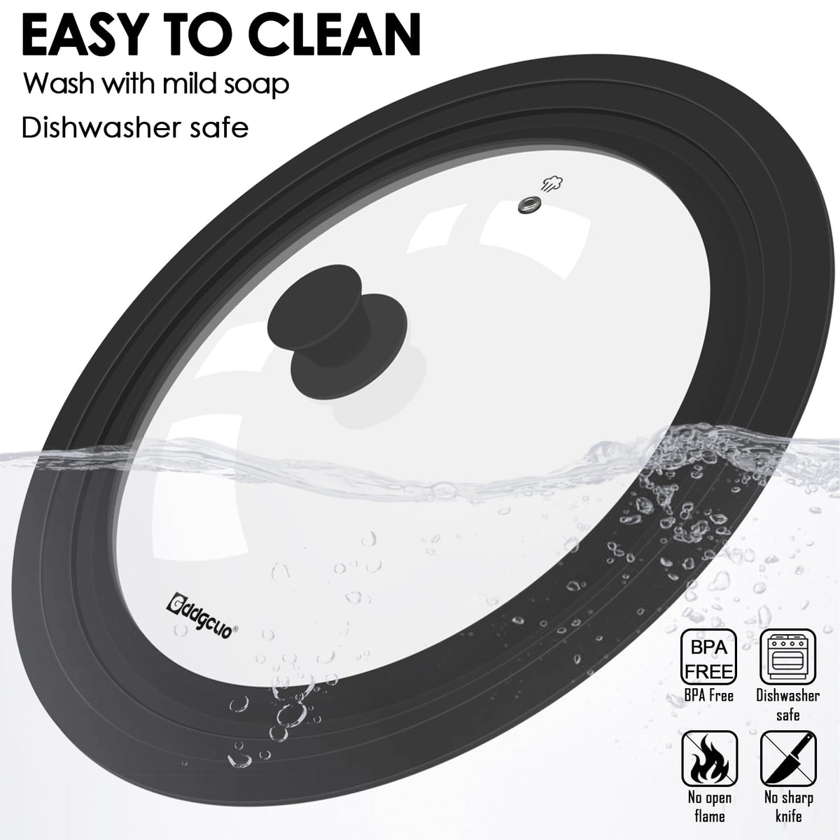 GDDGCUO universal pan lid uses food-grade silicone and tempered glass for safe cooking.