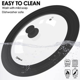 GDDGCUO universal pan lid uses food-grade silicone and tempered glass for safe cooking.