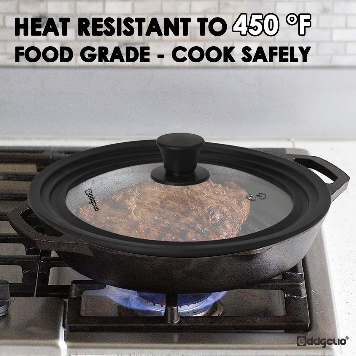 GDDGCUO lid features steam vent to regulate moisture during cooking.