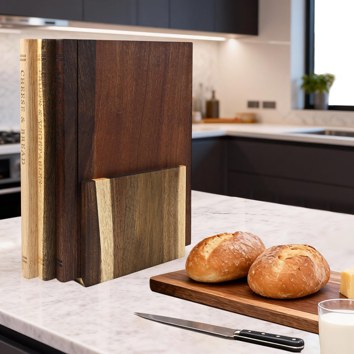 GDGJWL Acacia book-set cutting boards on stand for space-saving, organized counters.