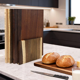 GDGJWL Acacia book-set cutting boards on stand for space-saving, organized counters.