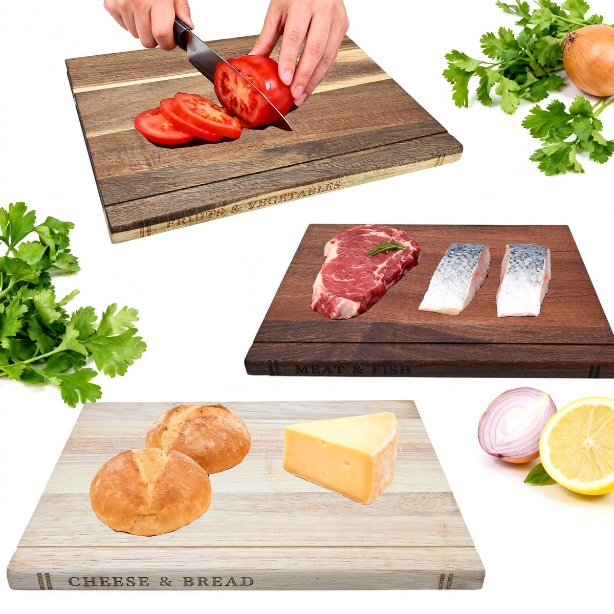 GDGJWL Acacia boards arranged for serving cheese and charcuterie at the table.