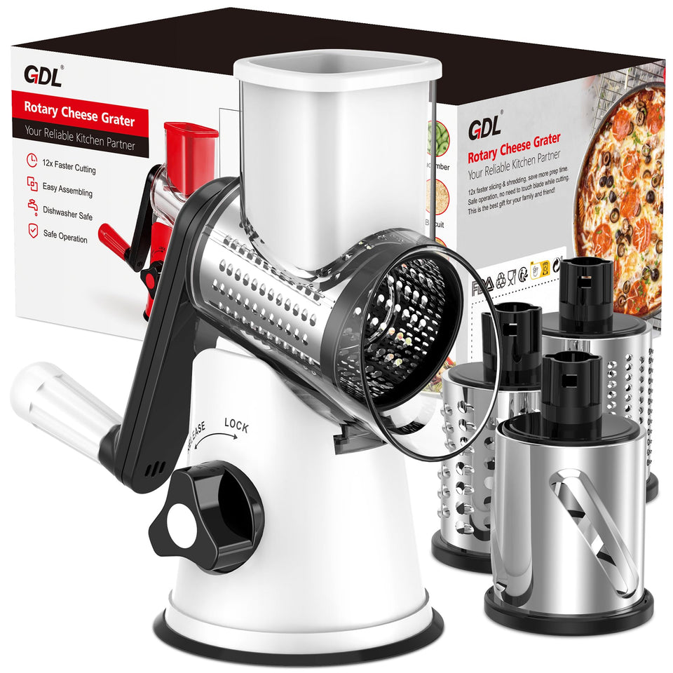 GDL cheese grater rotary with three blades for fast shredding and easy meal prep