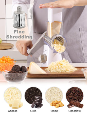 GDL rotary grater blade attachments shown for slicing, shredding, and fine shredding