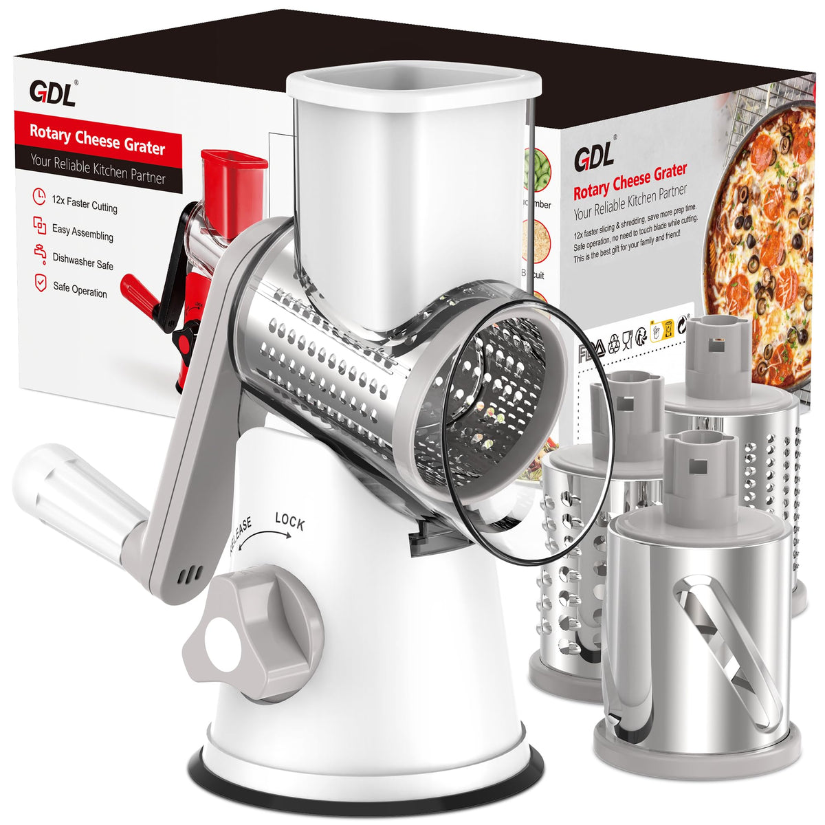 GDL rotary cheese grater on counter for quick meal prep and even shredding