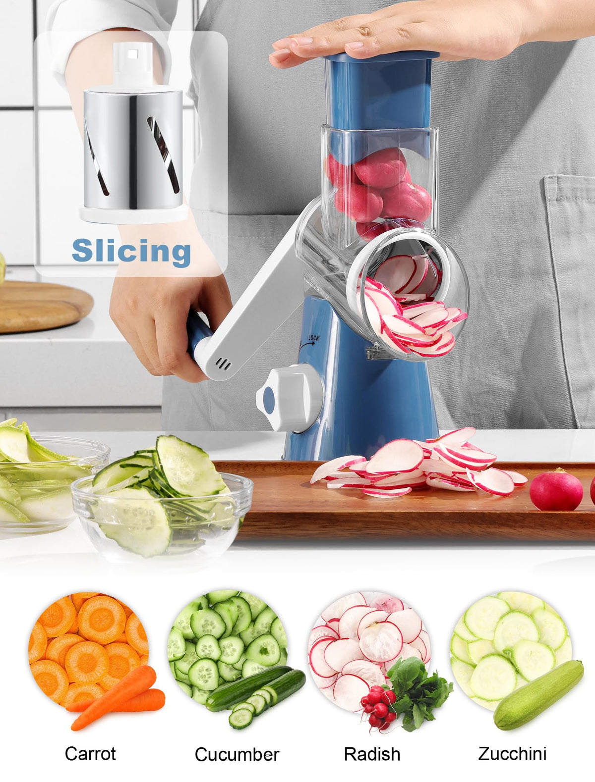 GDL three-blade rotary grater system for slicing, shredding and fine shredding