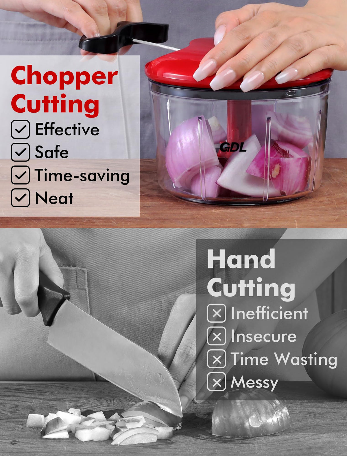 GDL Food Chopper bowl transparent for precise food sizing.