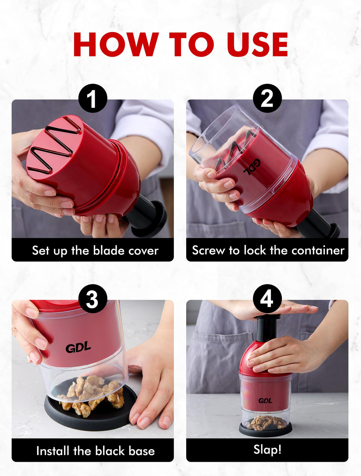 Parts disassemble easily for quick cleaning of the GDL Food Chopper