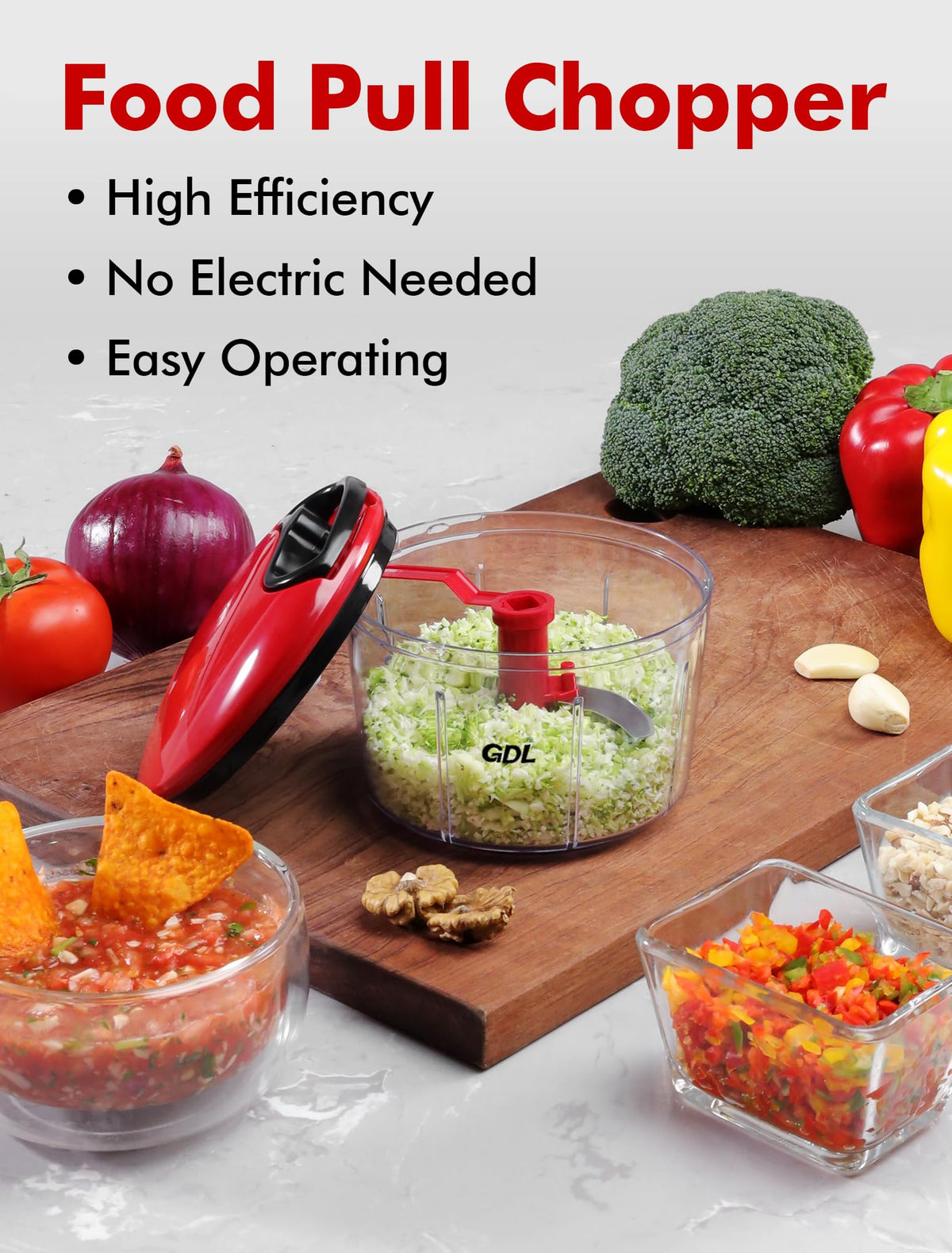GDL Garlic mince with hand powered chopper for fresh prep.
