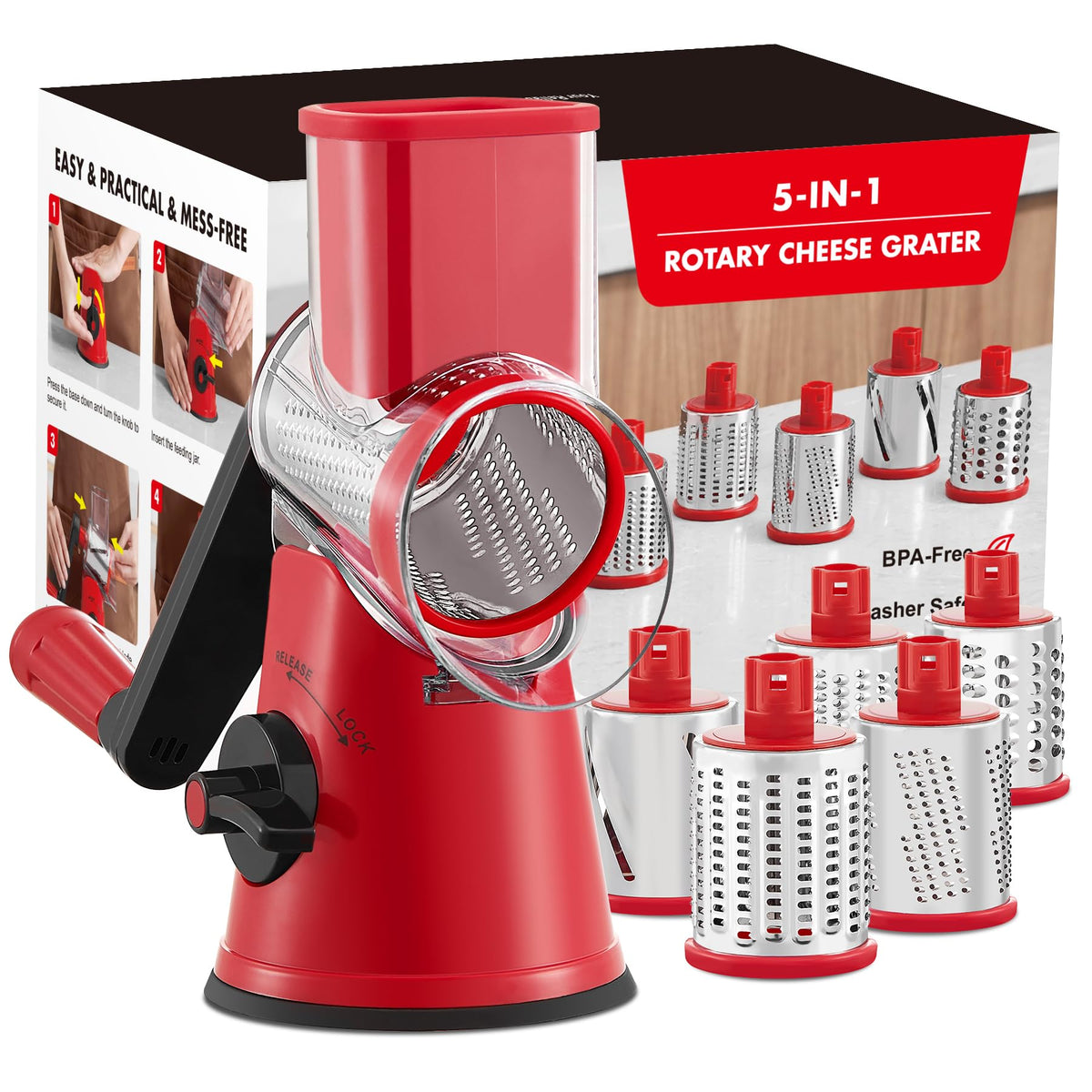 GDL rotary cheese grater front view with five blades for versatile shredding