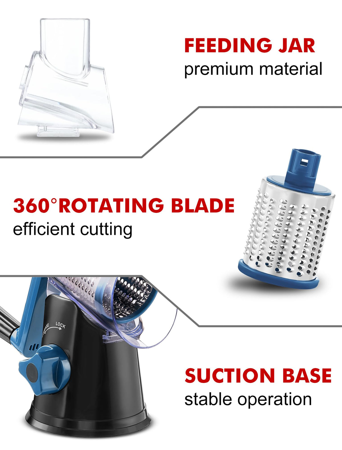 GDL rotary grater three-blade system for slicing, shredding, and fine shredding.