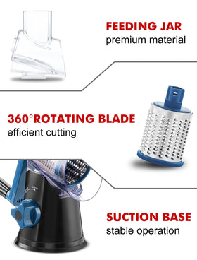 GDL rotary grater three-blade system for slicing, shredding, and fine shredding.