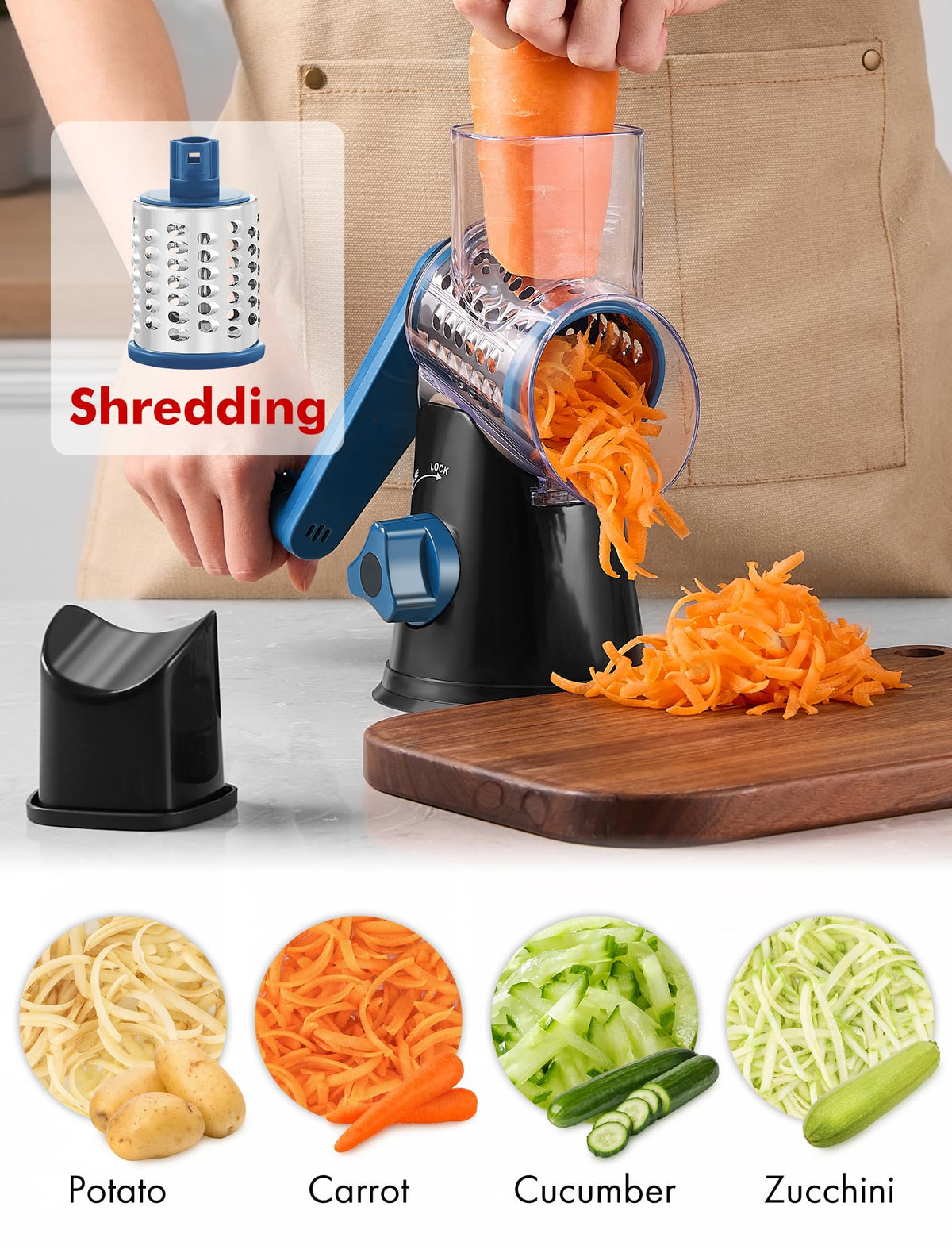 GDL rotary grater fast-cutting action saves prep time.