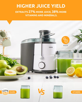 GDOR juicer with a 3-inch wide feed chute for quick whole-fruit juicing