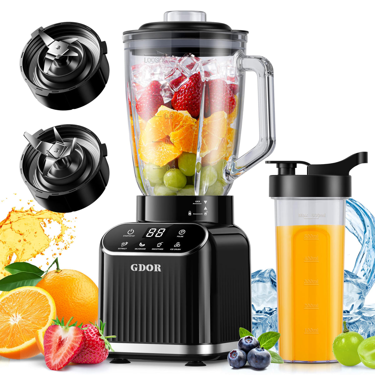 GDOR Professional Blender 1200W motor powers smooth ice crushing for quick blends.