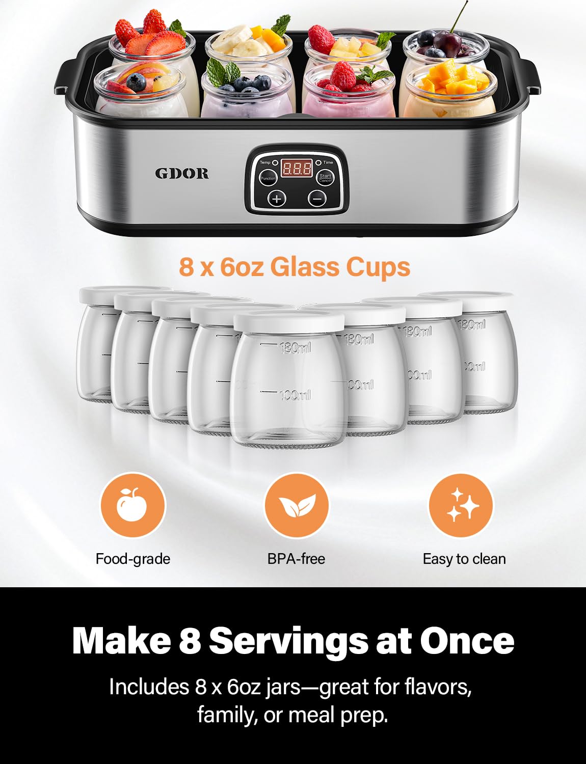 GDOR yogurt maker digital display for easy time and temp setup.
