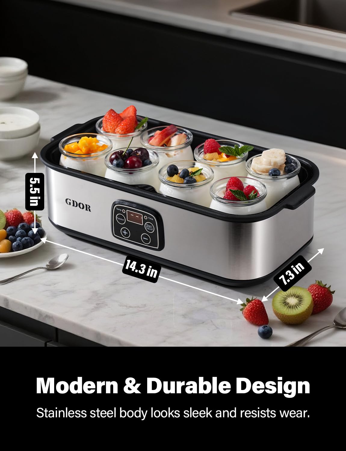 GDOR yogurt maker stainless-steel design for durable daily use.