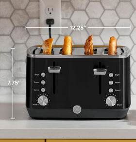 GE 4-slice toaster showing seven shade settings for precise browning