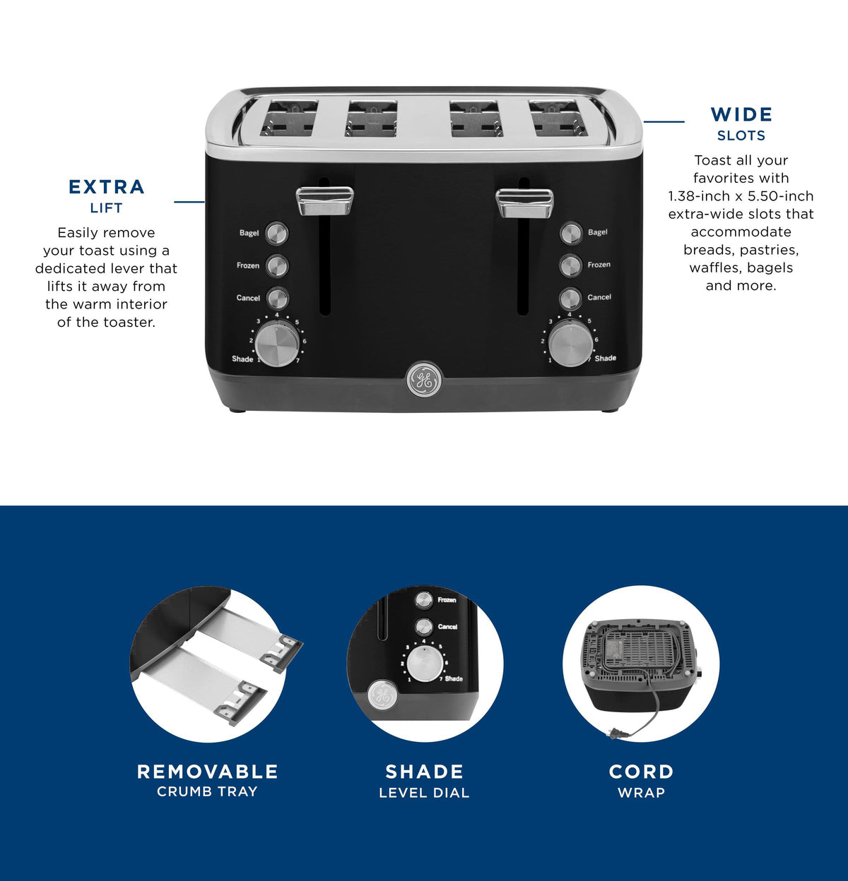 GE 4-slice toaster with removable crumb tray for quick cleaning