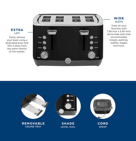 GE 4-slice toaster with removable crumb tray for quick cleaning