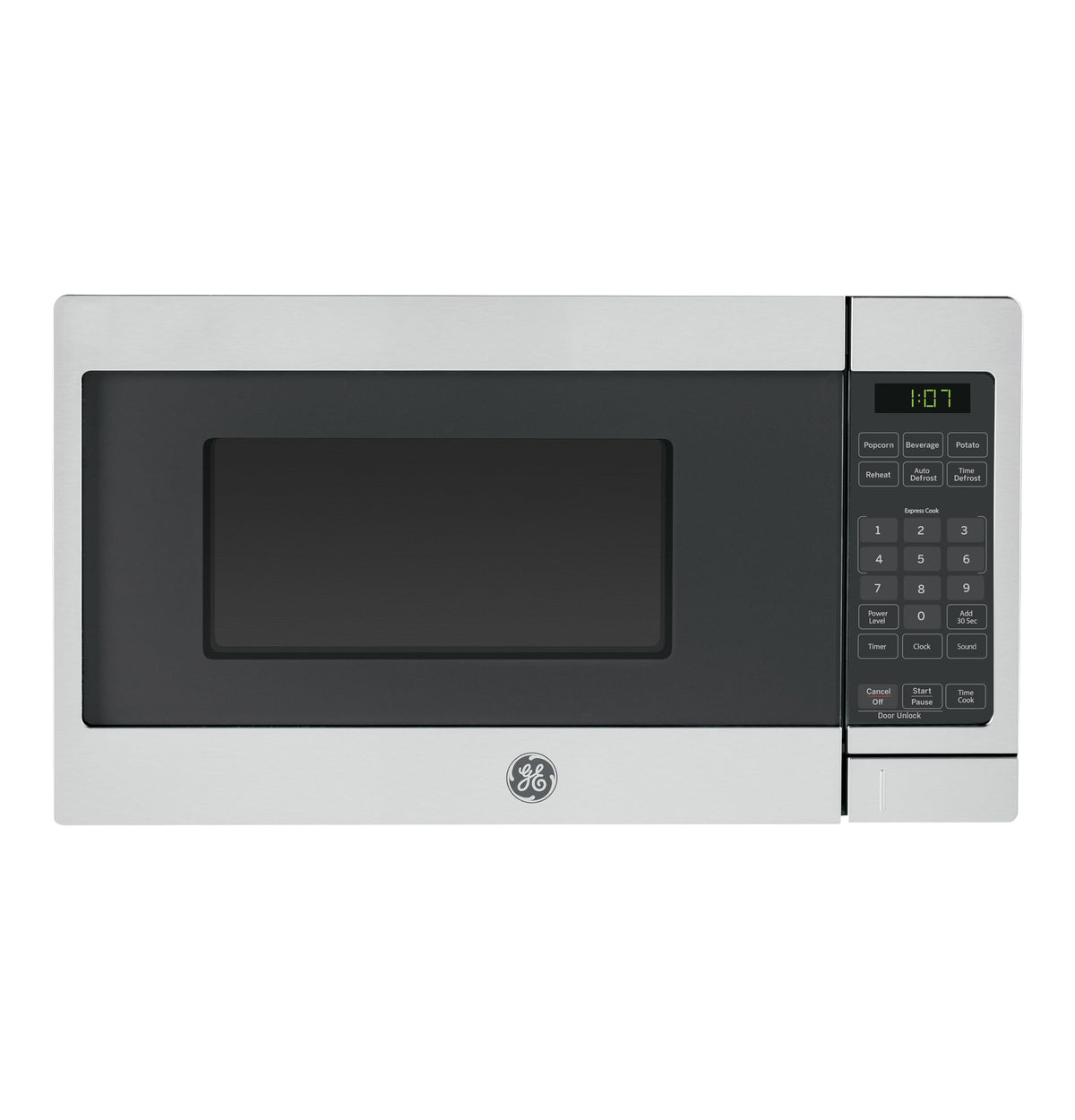 GE compact countertop microwave oven front view, stainless steel, space-saving for small kitchens