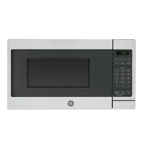 GE compact countertop microwave oven front view, stainless steel, space-saving for small kitchens