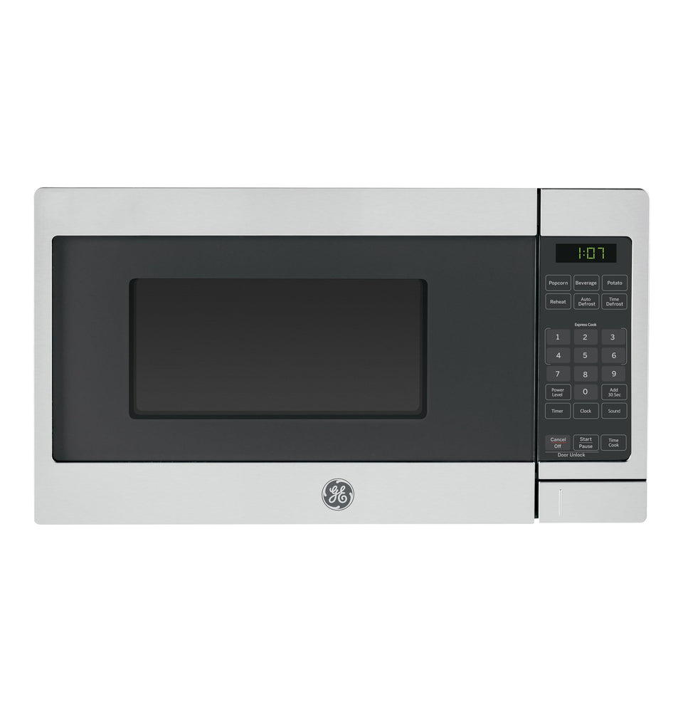 GE compact countertop microwave oven front view, stainless steel, space-saving for small kitchens