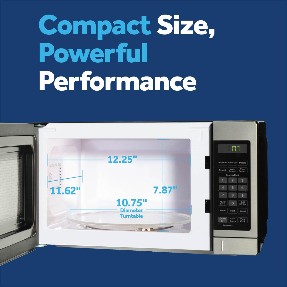 GE compact microwave with stainless steel body in a modern kitchen