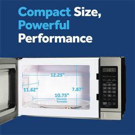 GE compact microwave with stainless steel body in a modern kitchen