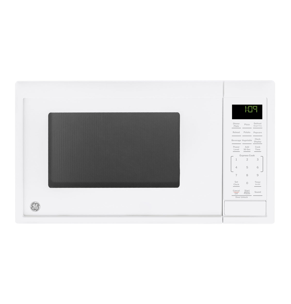 GE countertop microwave front view shows compact 0.9 cu ft size for small spaces
