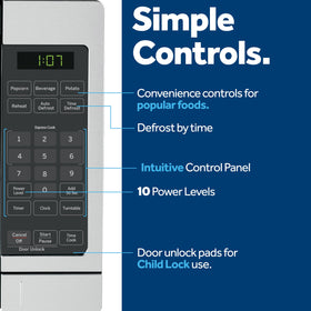 GE countertop microwave defrost presets image showcases quick thawing of frozen foods.