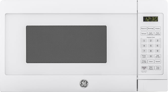 GE countertop microwave front view shows compact size ideal for small kitchens and quick meals.