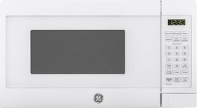 GE countertop microwave front view shows compact size ideal for small kitchens and quick meals.