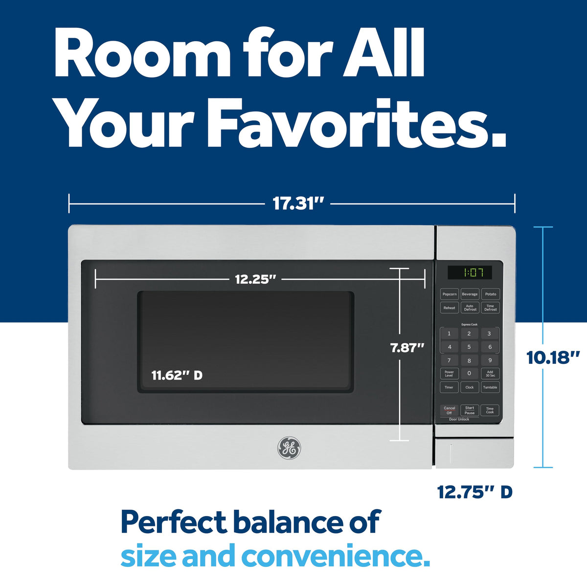 GE countertop microwave interior image with turntable highlights even heating for balanced cooking.