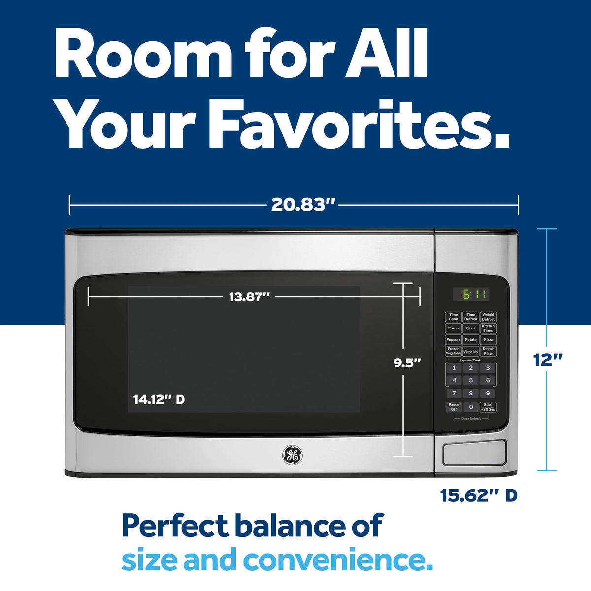 GE countertop microwave defrost feature uses weight-based timing for accuracy.