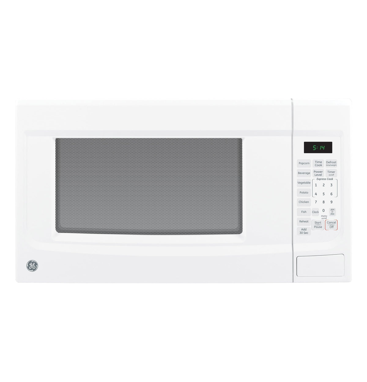 GE countertop microwave front view showing compact, space-saving design and easy access