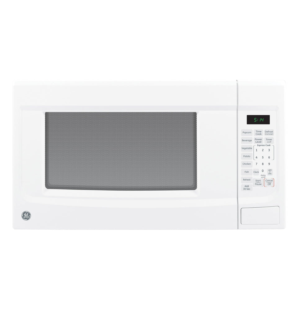 GE countertop microwave front view showing compact, space-saving design and easy access