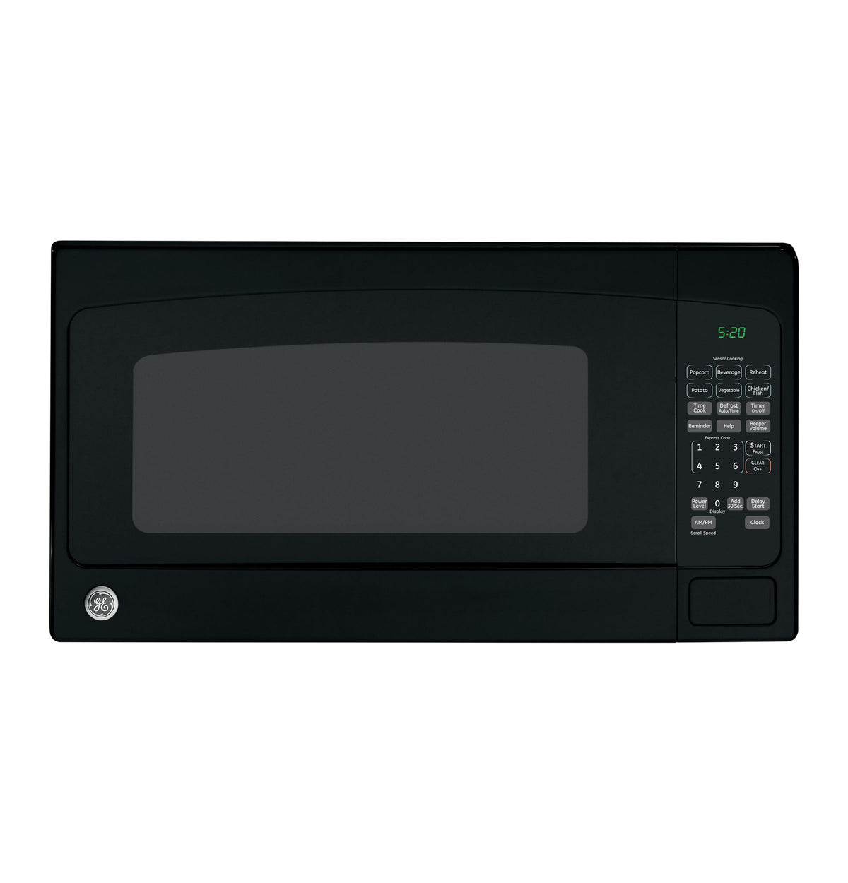 GE countertop microwave front view shows compact power for quick reheating in small spaces.