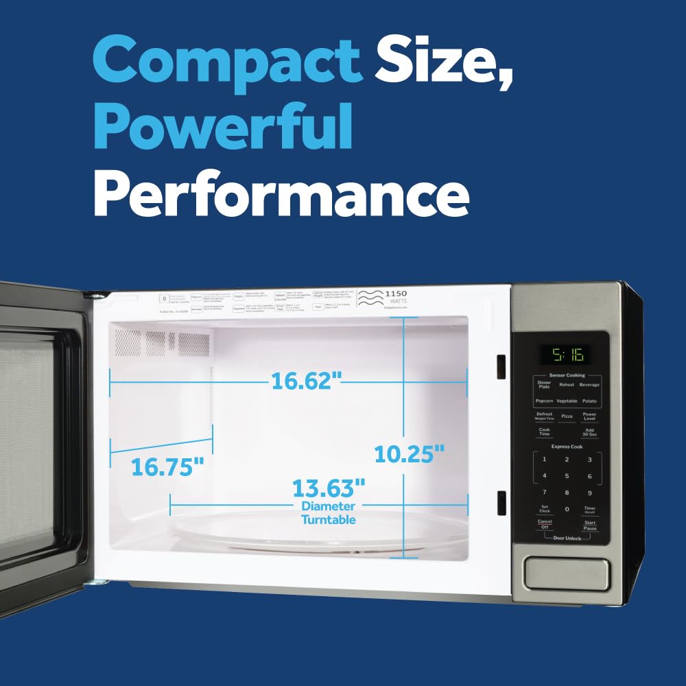 GE Countertop Microwave interior with glass turntable for even heating