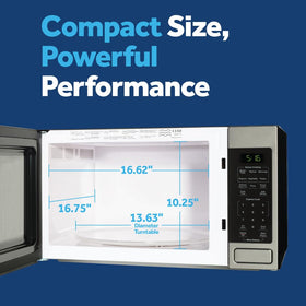 GE Countertop Microwave interior with glass turntable for even heating