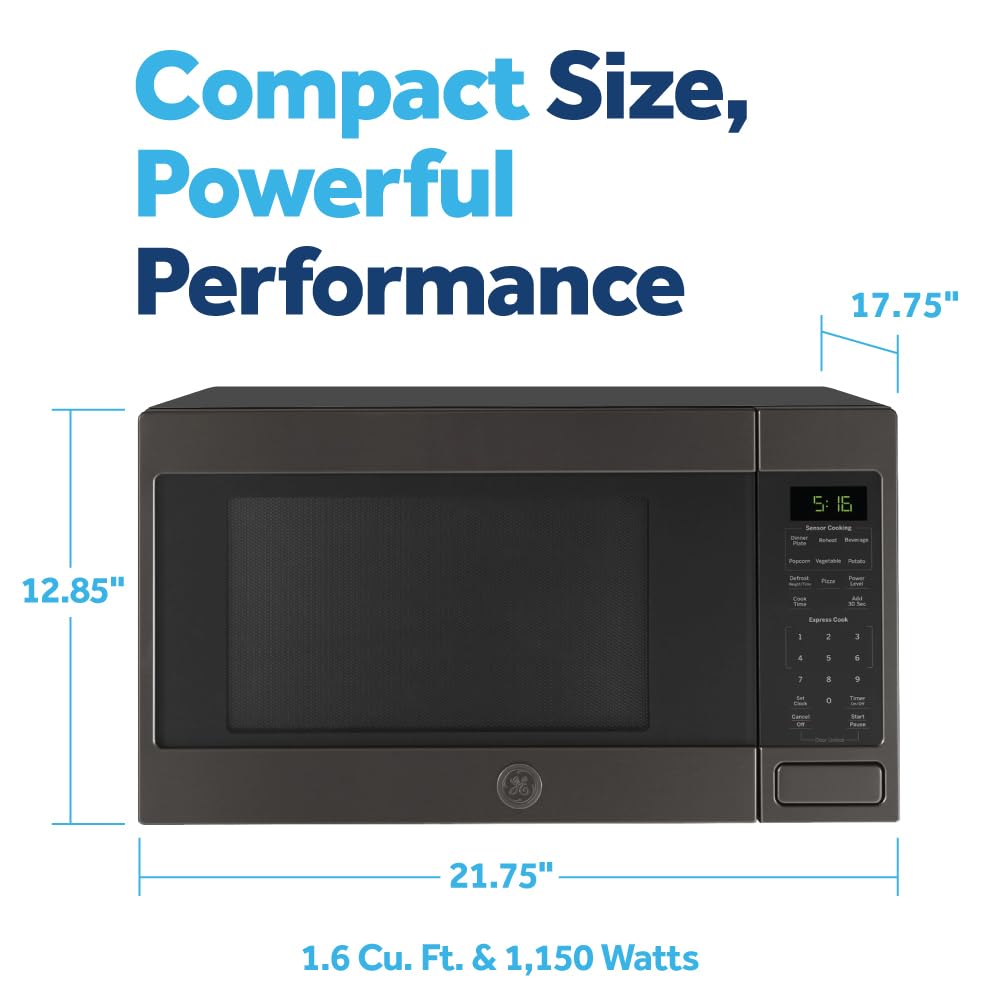 GE microwave with 1.6 cu ft interior for roomy cooking space.